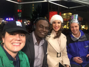 WRAL-TV's Kelly Riner (l to r), Ken Smith, Lynda Loveland & Adam Owens ring in the New Year with WRAL-TV's live coverage of downtown Raleigh's First Night.