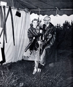 Dorothy Collins, star of the NBC show “The Lucky Strike Hit Parade,” and A.J. Fletcher break ground on the WRAL-TV studios on October 17, 1956. 