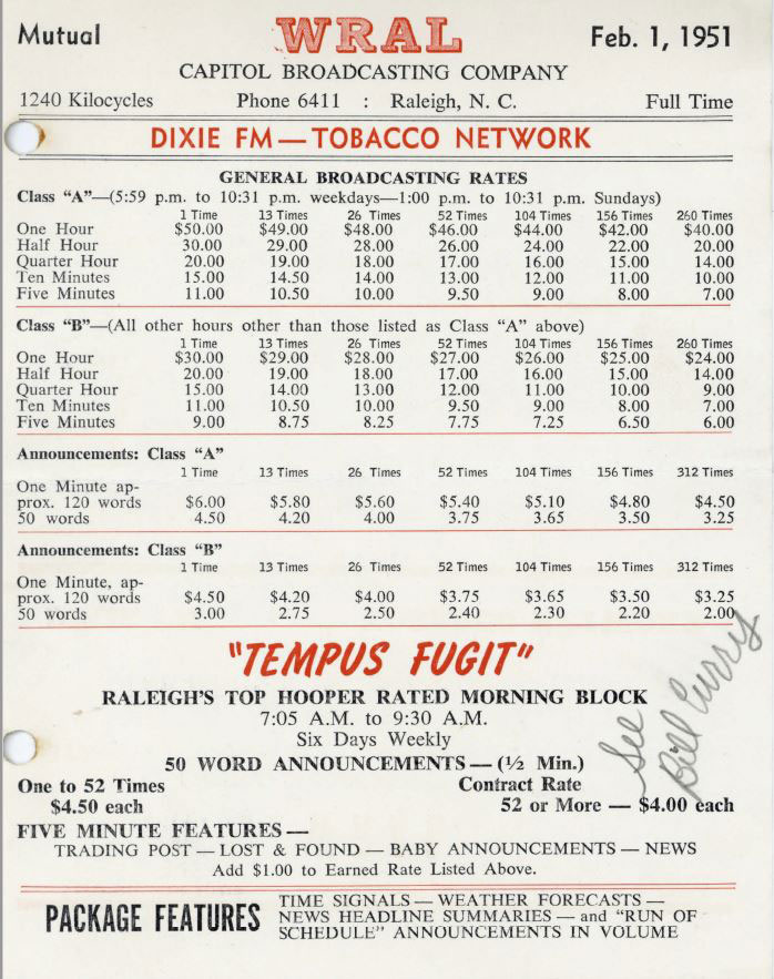 WRAL-AM rate card 1951
